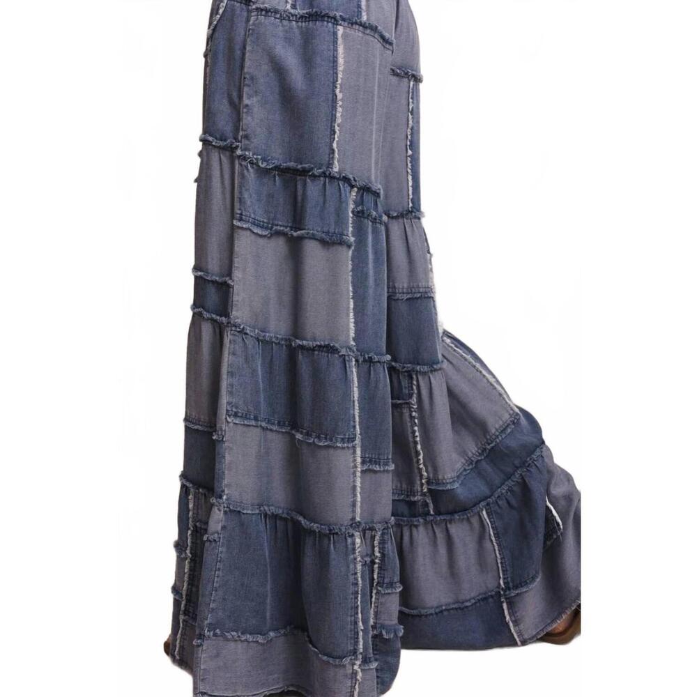 NEW BLUE VELVET wide leg patchwork chambray tiered pants in blue - Picture 5 of 6